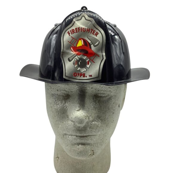 Vtg Firefighter Helmet Hat Toy Black OFPE Trademark Kid Size Small Adjustable - Picture 1 of 7